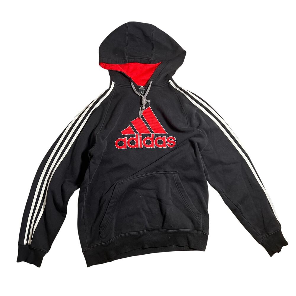 Adidas Black Red Big Logo 3 Stripe Hoodie Men’s Medium